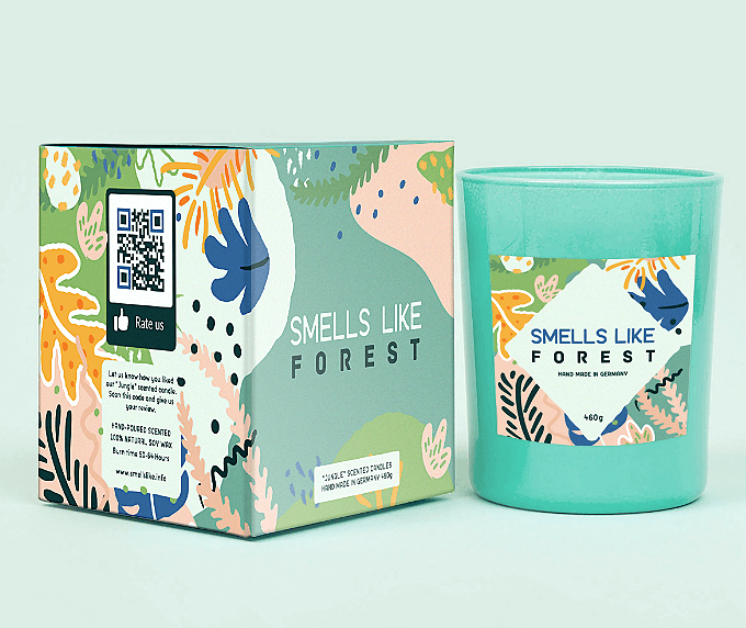 A scented candle packaging with a QR Code that gets consumers to leave a five-star scale rating about the candle.