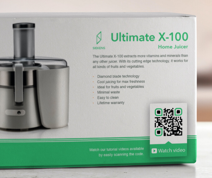 Packaging of an electronic product with a QR Code that leads to tutorials and how-to videos.