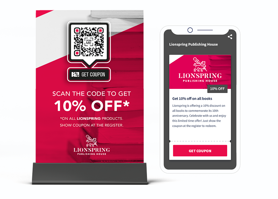 QR Code idea on a marketing promo material with a landing page that displays coupon and discount code